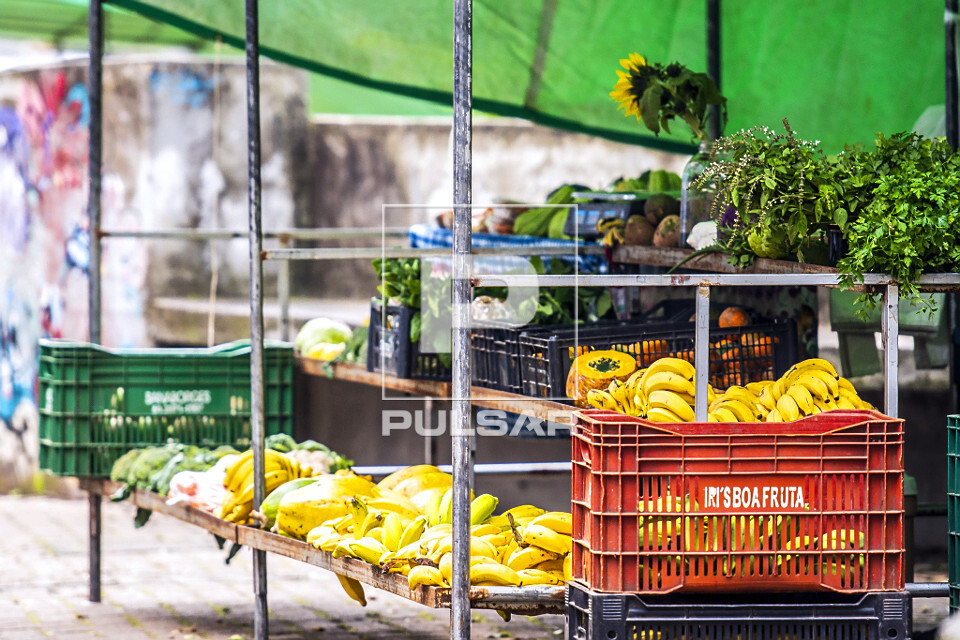 Barraca com venda de frutas , temperos e legumes orgânicos - Feira Ecológica da Auxiliadora - bairro Auxilia