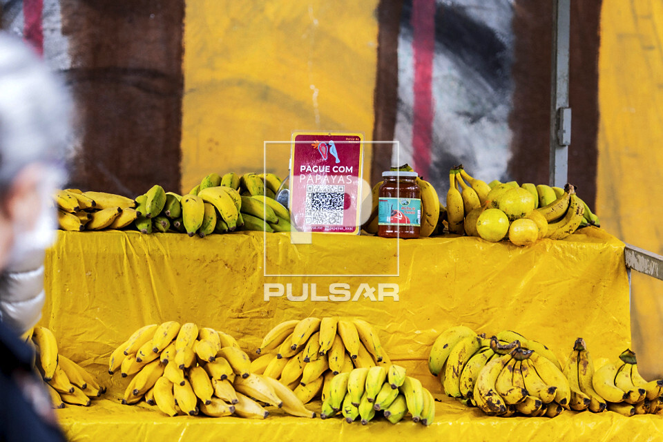 Detalhe de barraca de frutas orgânicas da Feira Ecológica Auxiliadora com Selo Papayas - aplicativo de vale 