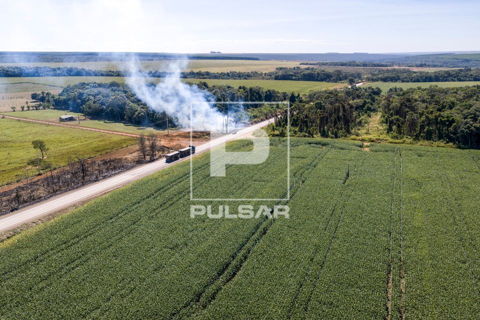 Vista de drone de plantação de milho e incêndio ao lado de reserva legal na margem da Rodovia MT-403 