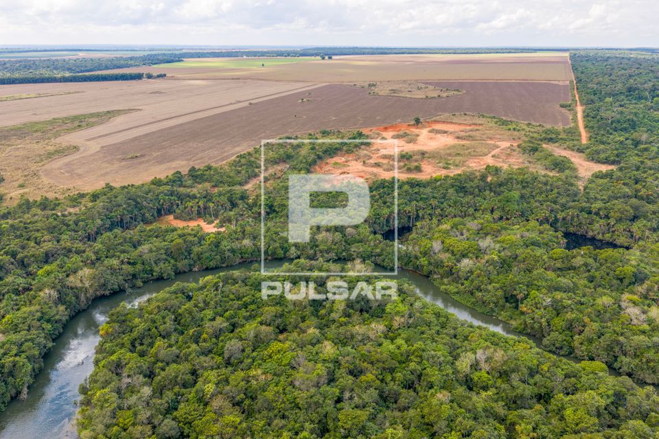 Vista de drone do Rio Claro com área degradada pela extração de cascalho e plantação de feijão-mungo pre