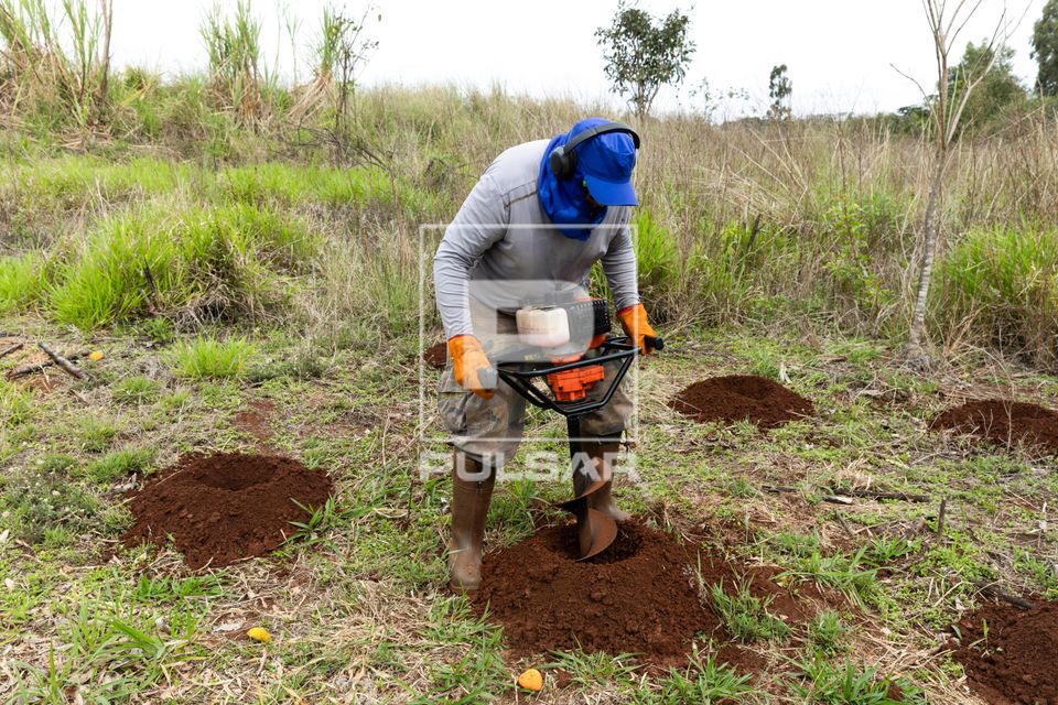 Trabalhador rural abrindo covas para plantio de mudas com perfurador de solo com motor a gasolina