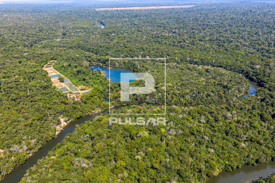 Vista de drone de meandros do Rio Claro e tanques de criação de peixes em meio a floresta amazônica