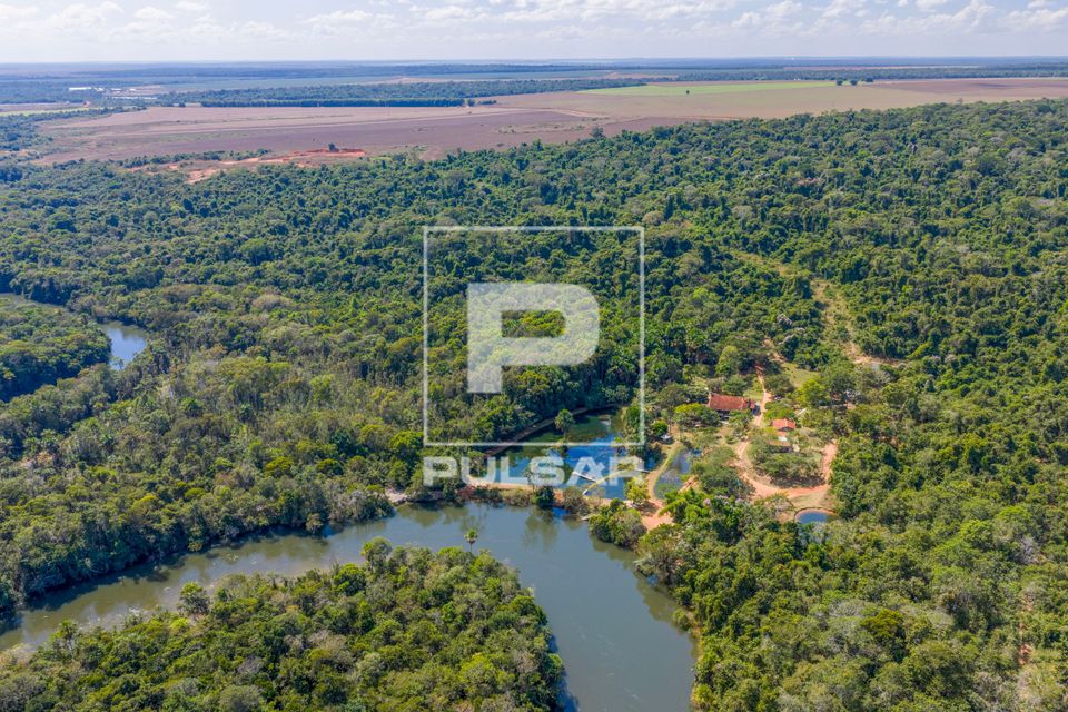 Vista de drone da rancho de lazer na margem do Rio Claro em meio a floresta amazônica e plantação no fundo