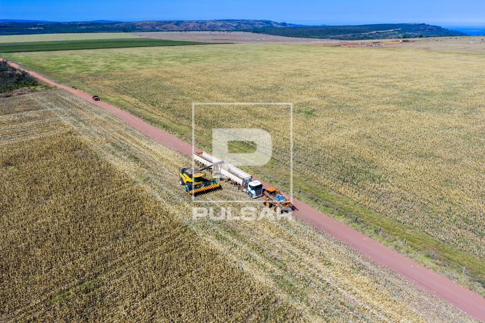 Vista de drone de caminhão graneleiro com carroceria dupla - transporte de grãos - e colheitadeira