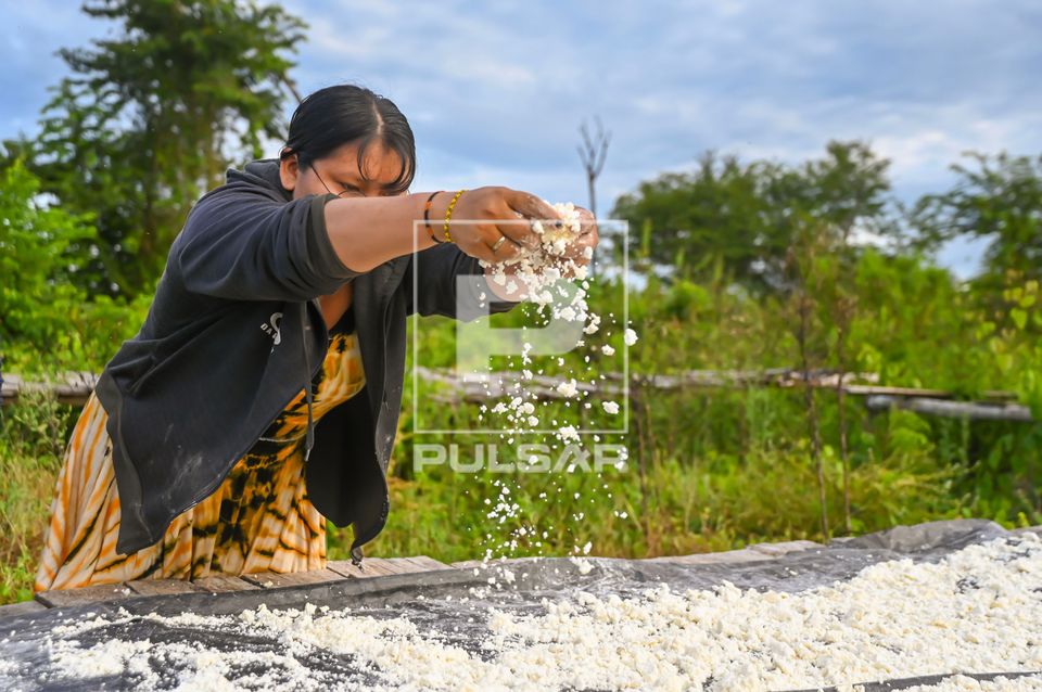 Indígena Waurá esfarelando o polvilho para secar ao sol no jirau - Parque Indígena do Xingu