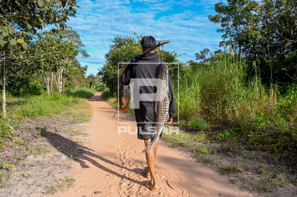 Indígena Waurá da aldeia Topepeweke carregando peixe para alimentar família - Parque Indígena do Xingu