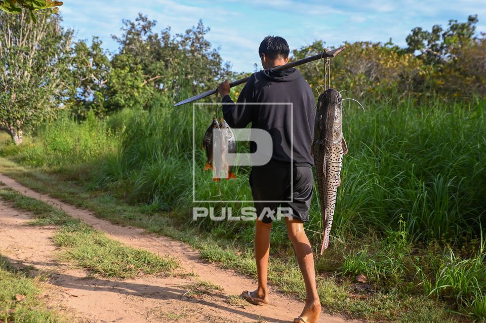 Indígena Waurá da aldeia Topepeweke carregando peixe alimentar família - Parque Indígena do Xingu