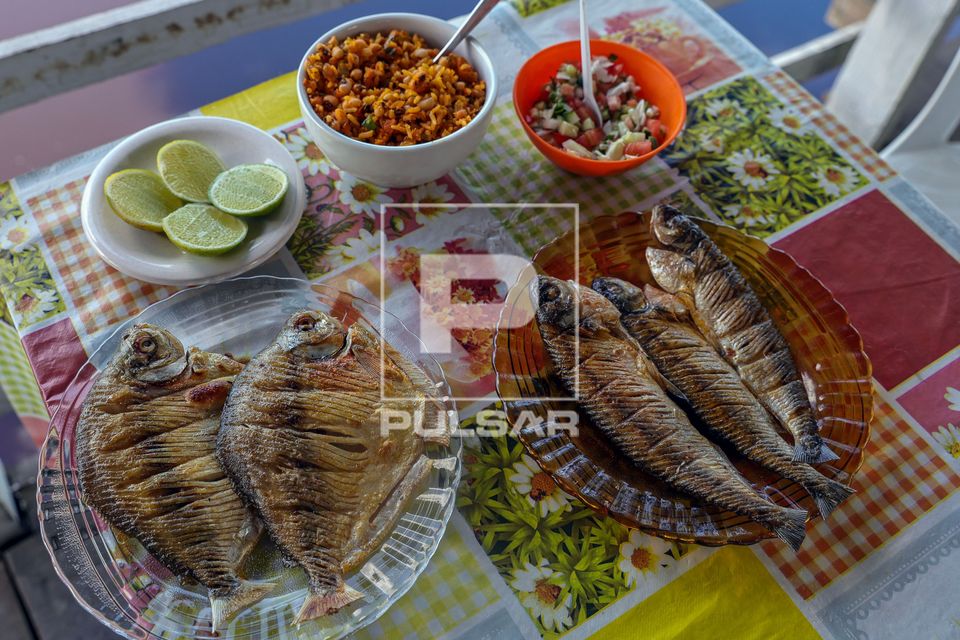 Peixe regional pacu e sardinhas servidos com arroz e vinagrete