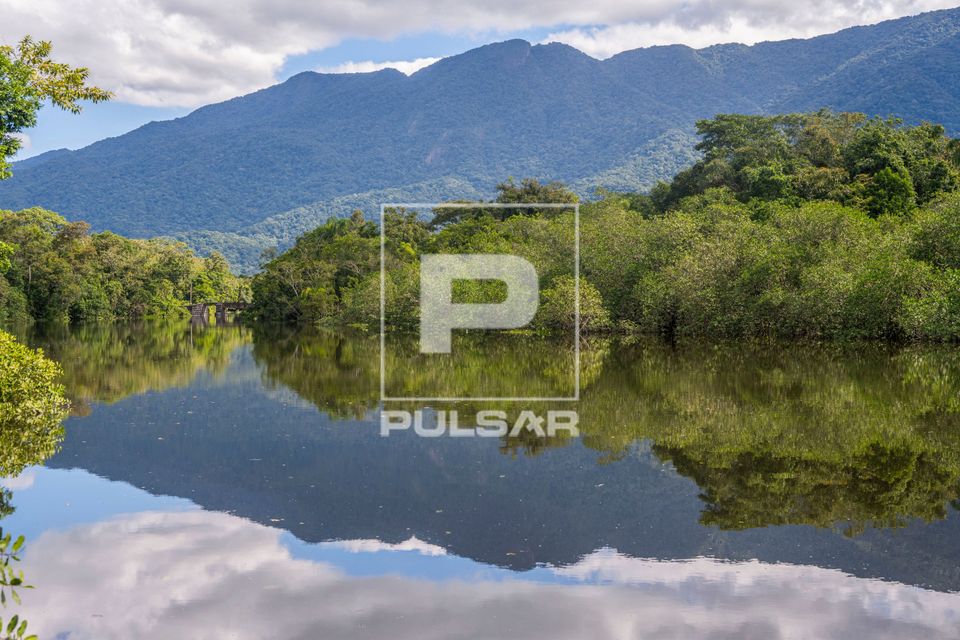 Paisagem refletida no Rio Jaguareguava - Parque Estadual da Restinga de Bertioga com Serra do Mar ao fundo.