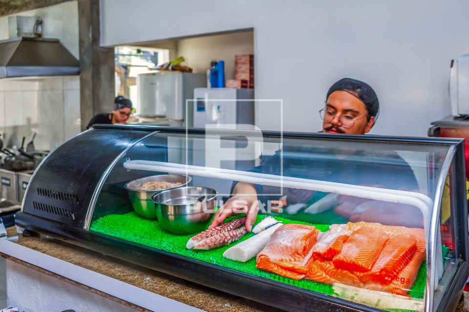 Chef de cozinha de restaurante de comida japonesa colocando cortes de polvo e Salmão em vitrine refrigerada