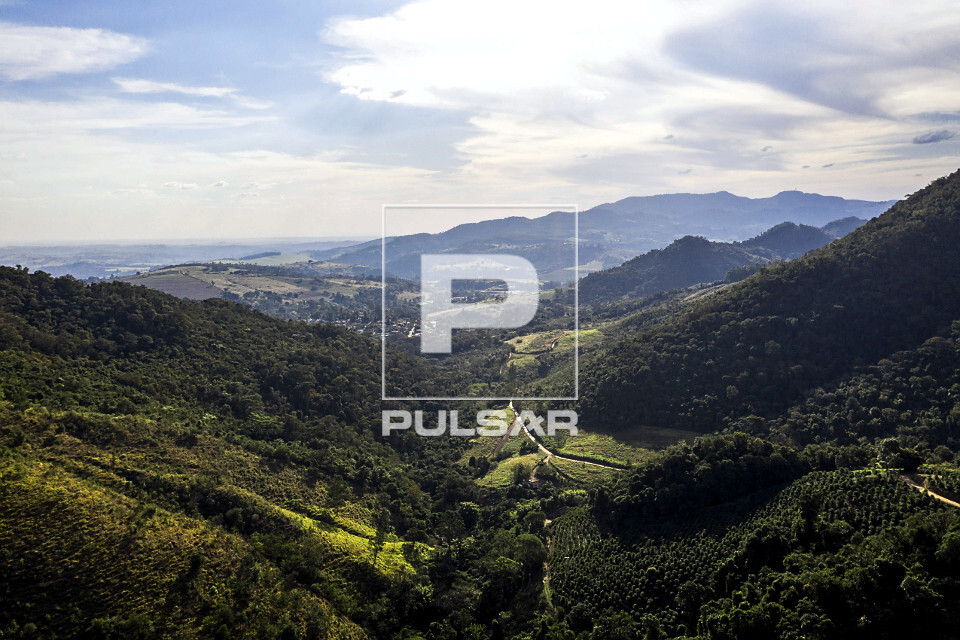 Vista de drone de plantação de café gourmet do tipo catuaí vermelho em propriedade rural situada na Serra 