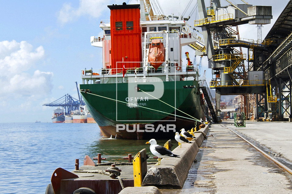 Navio cargueiro sendo carregado com soja no terminal de grãos do Porto de Paranaguá