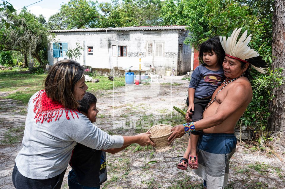 Criança indígena Guarani Mbya entrega o feijão debulhado ao cacique que segura a neta no colo na Aldeia de 