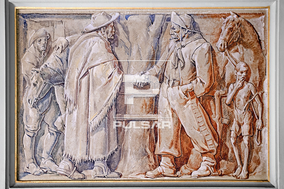 Painel de Aldo Locatelli exposto no salão Negrinho do Pastoreio do Palácio Piratini  - colonizadores