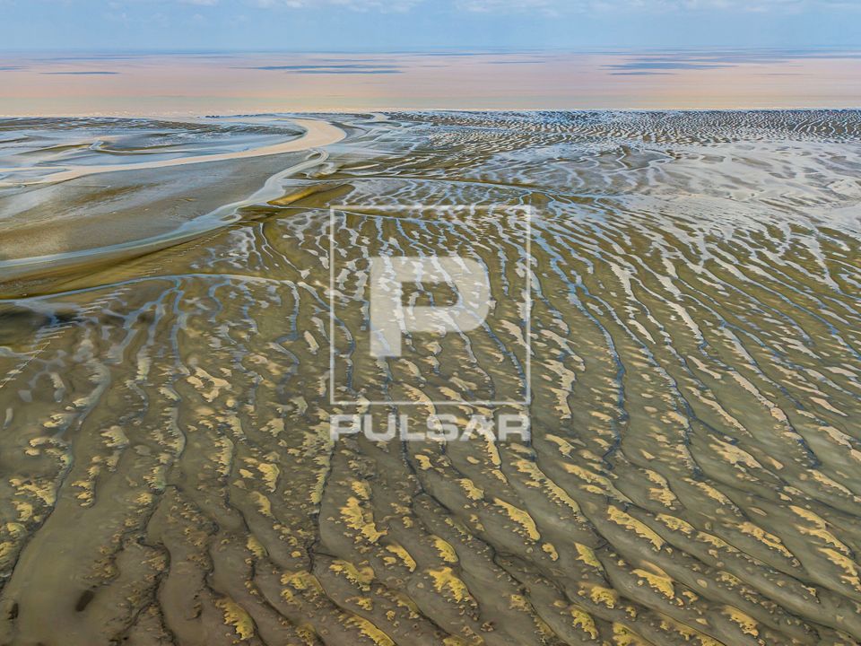 Vista de drone da Praia do Goiabal na maré baixa - última praia oceânica do Brasil