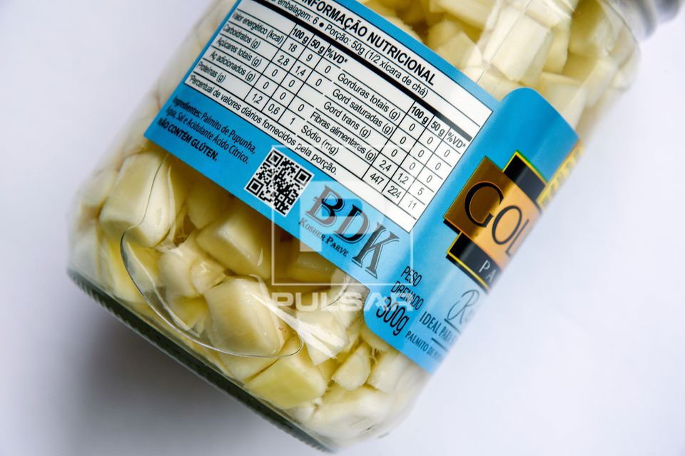 Embalagem de palmito com selo BDK - Kosher Parve - no judaísmo os alimentos Kosher obedecem regras chamadas k