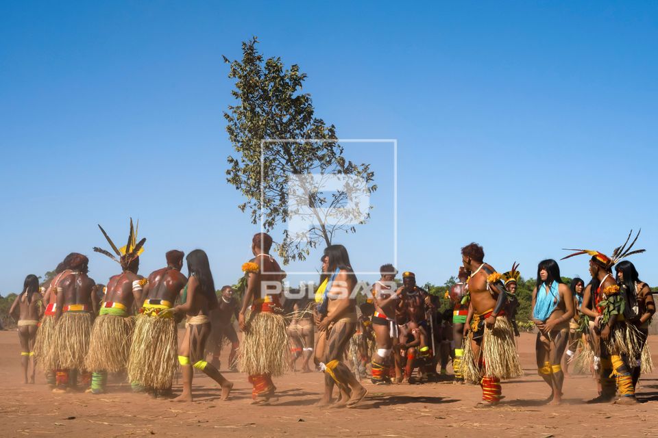 Indígenas Kuikuro da aldeia Ipatse com saias de palha no ritual de Tawarawana - Parque Indígena do Xingu