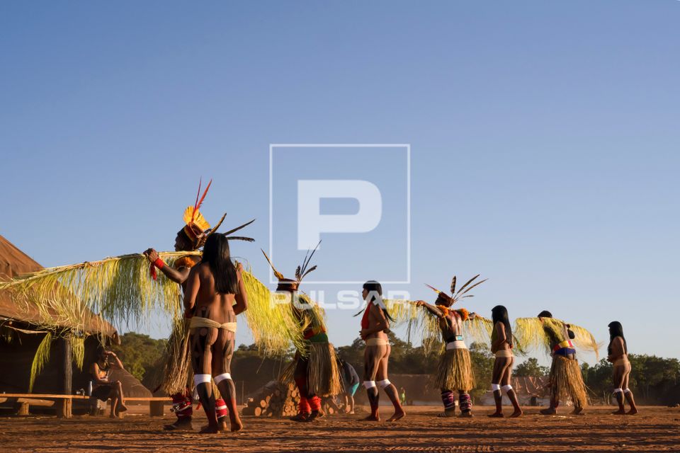 Indígenas Kuikuro da aldeia Ipatse com galhos de palha no ritual do Tawarawana - Parque Indígena do Xingu