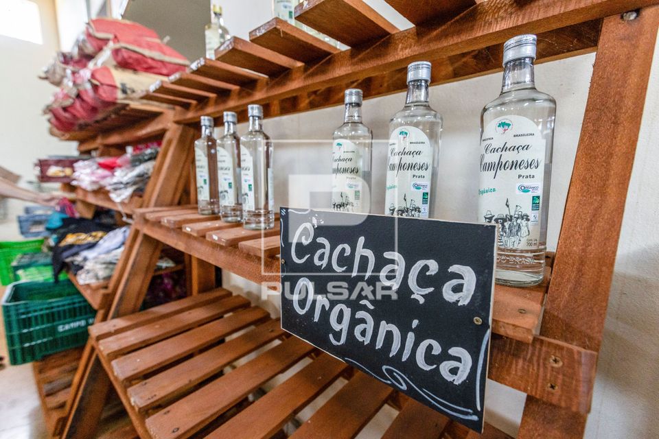 Cachaça orgânica à venda no Mercado da Reforma Agrária Popular no Assentamento Eli Vive - MST Movimento do