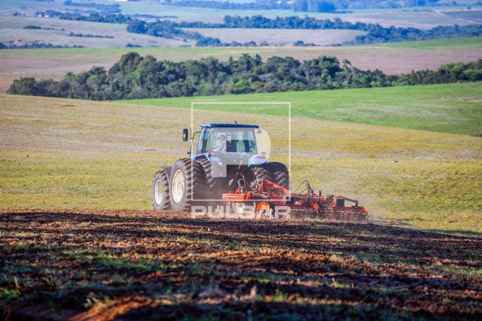 Agricultor preparando a terra para plantação - ao fundo  pampa gaúcho com campos e mata nativa