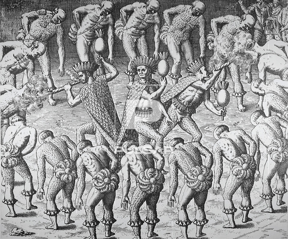 Reprodução de gravura de autoria de Theodore de Bry que representa a guerra- século XVI - IMAGEM COM DOMÍN