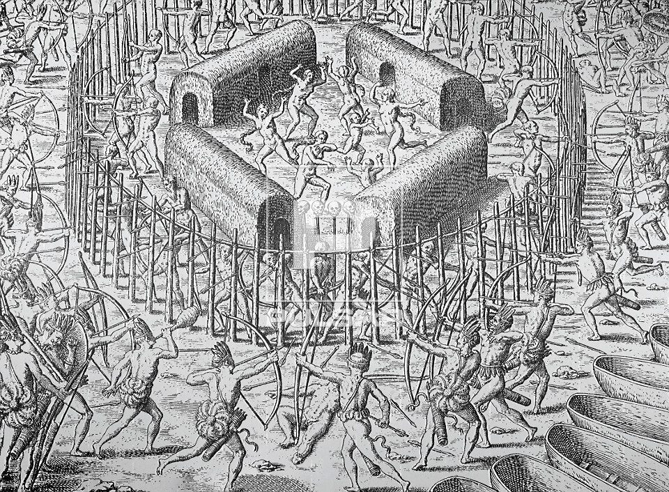 Reprodução de gravura de autoria de Theodore de Bry que representa a guerra entre indígenas tupinambá no s