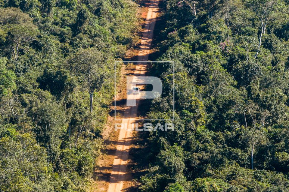 Vista de drone estrada próxima da Aldeia Tanguro da etnia Kalapalo - Parque Indígena do Xingu