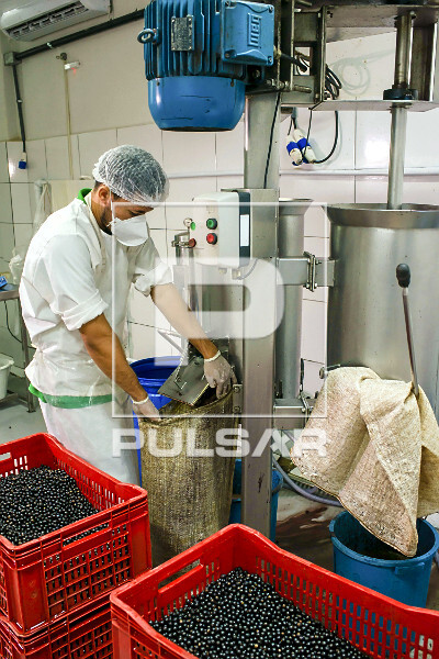 Trabalhador em despolpadeira de açaí para produção de polpa