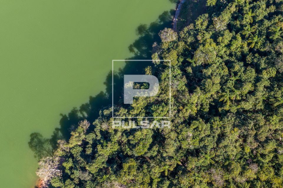 Vista de drone da mata ciliar da represa formada pelo rio Cachoeira que integra o Sistema Cantareira gerenciad