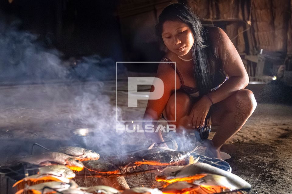 Mulher indígena da etnia Kamaiurá prepara peixe moqueado no fogo - Aldeia Ipavu - Parque Indígena do Xingu