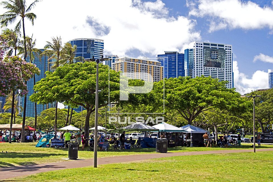 Famílias aproveitam o verão no parque da praia Ala Moana - ilha de Oahu - Havaí - 