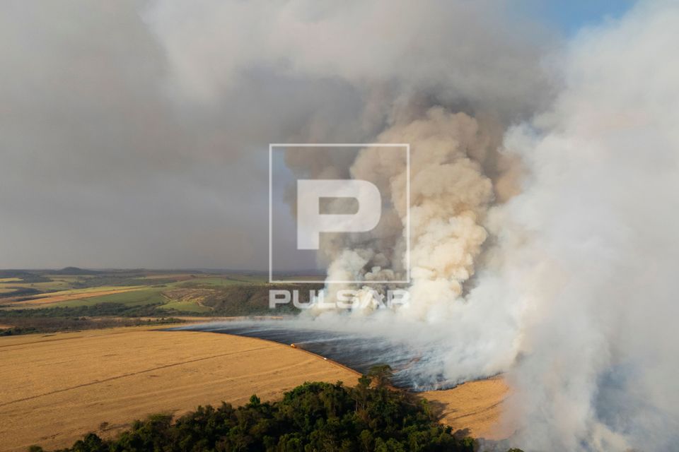 Incêndio florestal no período de estiagem atingindo propriedade rural - Triângulo Mineiro