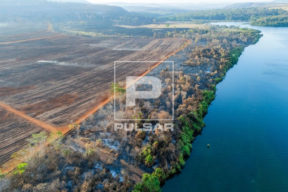 Vista de drone da mata ciliar do rio Grande queimada após incêndio florestal no período de estiagem