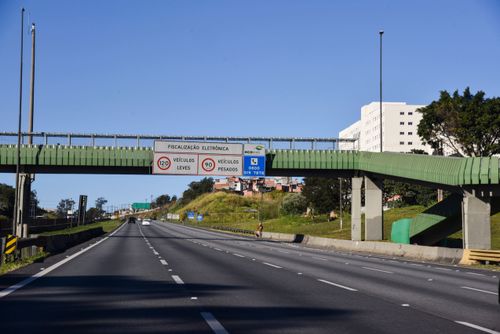 Sinalização aérea na SP-160 Rodovia dos Imigrantes fixada em passarela de pedestres