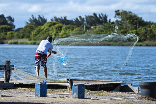 Pescador joga tarrafa no estuário do rio Tramandaí