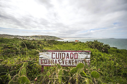Placa alerta presença de cobras venenosas no Cabo de Santa Marta
