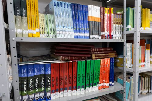 Estante de biblioteca escolar com livros de cálculo e ciências exatas