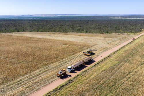 Vista de drone de caminhão graneleiro com carroceria dupla - transporte de grãos