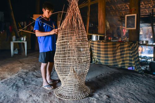 Indígena Wauja aprendendo a fazer cesto armadilha covo de cipó para pegar peixe - Parque Indígena do Xingu