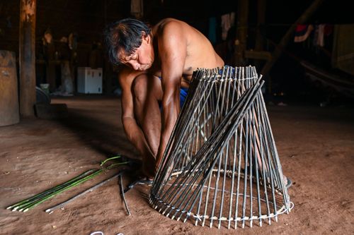 Indígena Waurá amarrando varetas em armadilha kuluto ou matapi de peixes em forma de cone - Parque Indígena