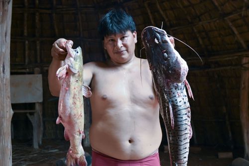 Indígena Waurá da aldeia Piyulaga segurando peixes antes do preparo - Parque Indígena do Xingu