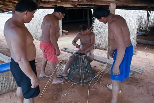 Indígena Waurá ensinando colegas a fazer armadilha kuluto ou matapi de peixes em forma de cone - Parque Ind�