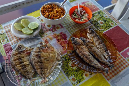 Peixe regional pacu e sardinhas servidos com arroz e vinagrete