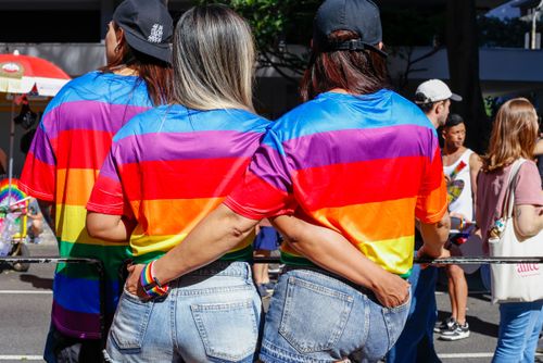 Manifestantes na 30ª Parada do Orgulho LGBTQI+ Gays , Lésbicas , Bissexuais e Transexuais na Avenida Paulist