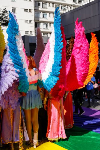Manifestantes com as cores da diversidade sexual da 30ª Parada do Orgulho LGBTQI+ Gays , Lésbicas , Bissexua
