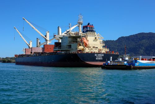 Navio graneleiro atracado no Porto e balsa com passageiros e veículos - travessia entre São Sebastião e Ilh