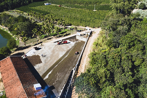 Vista de drone de terreiro com grãos de café do tipo catuaí secando ao sol e galpão para torrefação no p