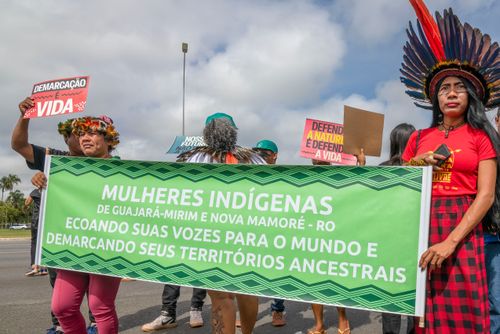Ato pela demarcação e contra mineração em terras indígenas no 21º ATL Acampamento Terra Livre - mobiliza