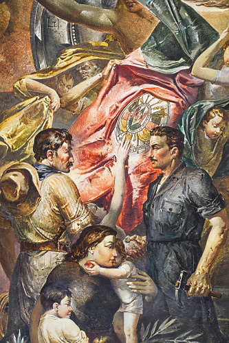 Detalhe de painel de Aldo Locatelli exposto no salão Negrinho do Pastoreio do Palácio Piratini  - sobre Rep�