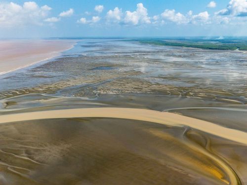 Vista de drone da Praia do Goiabal com maré baixa - última praia oceânica do Brasil